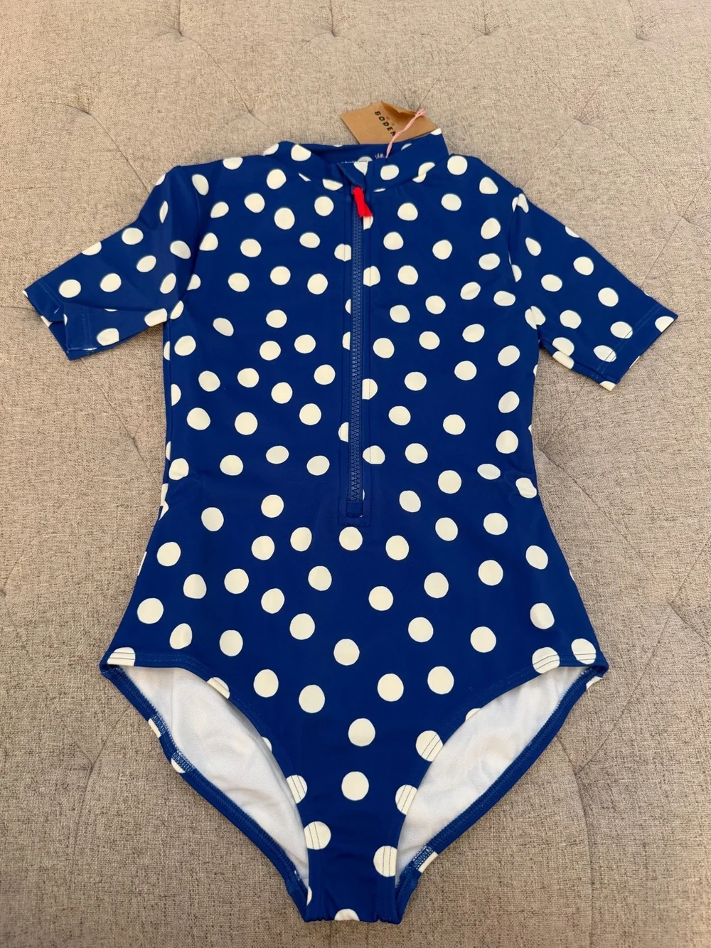 NWT BODEN SHORT SLEEVE SWIMSUIT blue and white polka dot SIZE 9-10